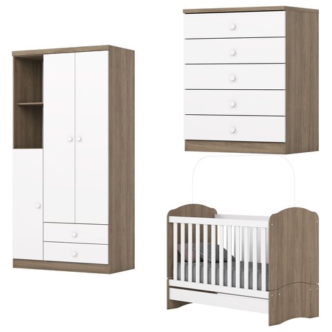 Quarto de Bebê com Guarda-Roupa 3 Portas Cômoda e Berço Faz de Conta Espresso Móveis Branco/Rústico