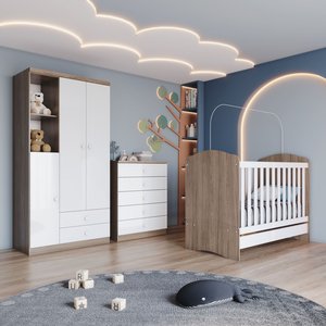 Quarto de Bebê com Guarda-Roupa 3 Portas Cômoda e Berço Faz de Conta Espresso Móveis