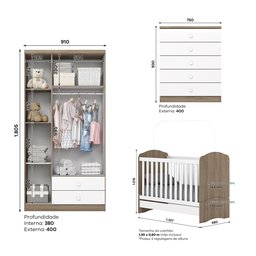 Quarto de Bebê com Guarda-Roupa 3 Portas Cômoda e Berço Faz de Conta Espresso Móveis - 3