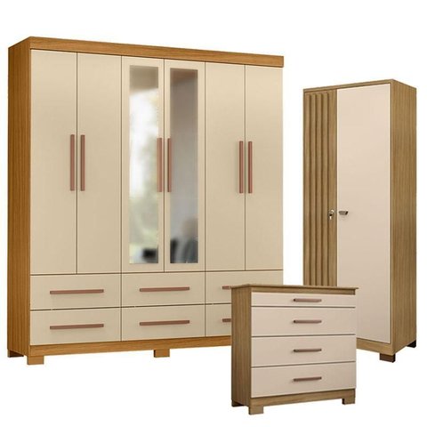 Guarda Roupa Casal New Kansas com Espelho com Cômoda 4 Gavetas New e Armário Multiuso Versatile