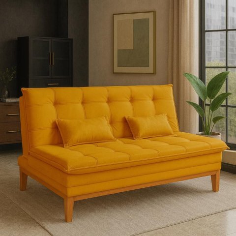 Sofá Cama Reclinável Melim 2 Lugares Confortável Suede Pés de Madeira