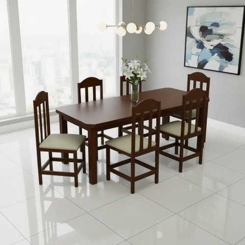 Conjunto Mesa com 6 Cadeira Estofada Madeira Maciça Bege - Castanho