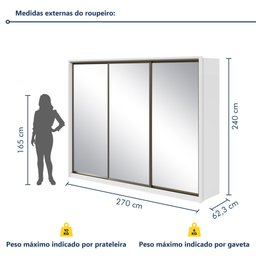 Guarda Roupa 3 Espelhos 3 Portas de Correr 6 Gavetas 270,5cm 100% MDF Spazio Super Glass Yescasa Branco - 12