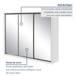 Guarda Roupa 3 Espelhos 3 Portas de Correr 6 Gavetas 270,5cm 100% MDF Spazio Super Glass Yescasa Branco - 6