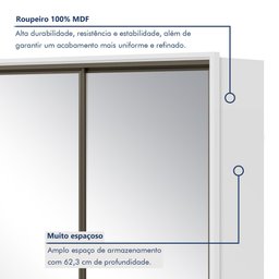 Guarda Roupa 3 Espelhos 3 Portas de Correr 6 Gavetas 270,5cm 100% MDF Spazio Super Glass Yescasa Branco - 4