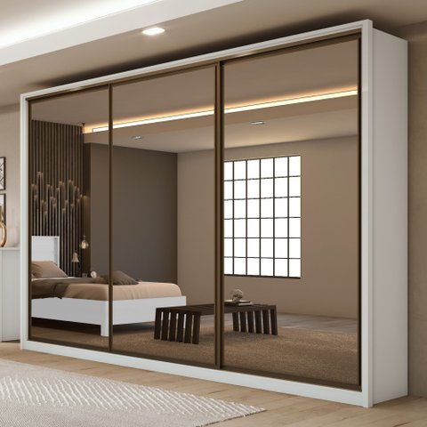 Guarda Roupa 3 Espelhos 3 Portas de Correr 6 Gavetas 270,5cm 100% MDF Spazio Super Glass Yescasa