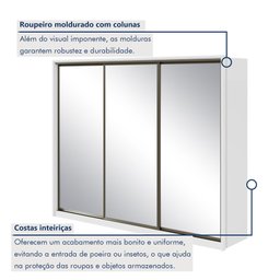 Guarda Roupa 3 Espelhos 3 Portas de Correr 6 Gavetas 270,5cm 100% MDF Spazio Super Glass Yescasa Branco - 5