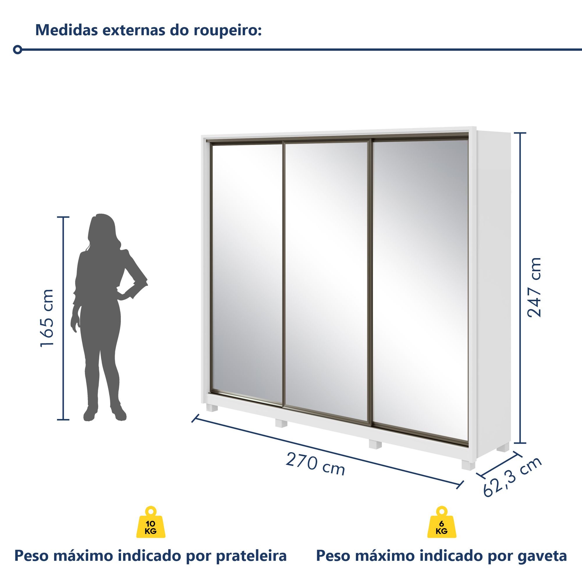 Guarda Roupa Casal com 3 Espelhos 3 Portas de Correr 6 Gavetas 270,5cm Spazio Super Glass   - 10