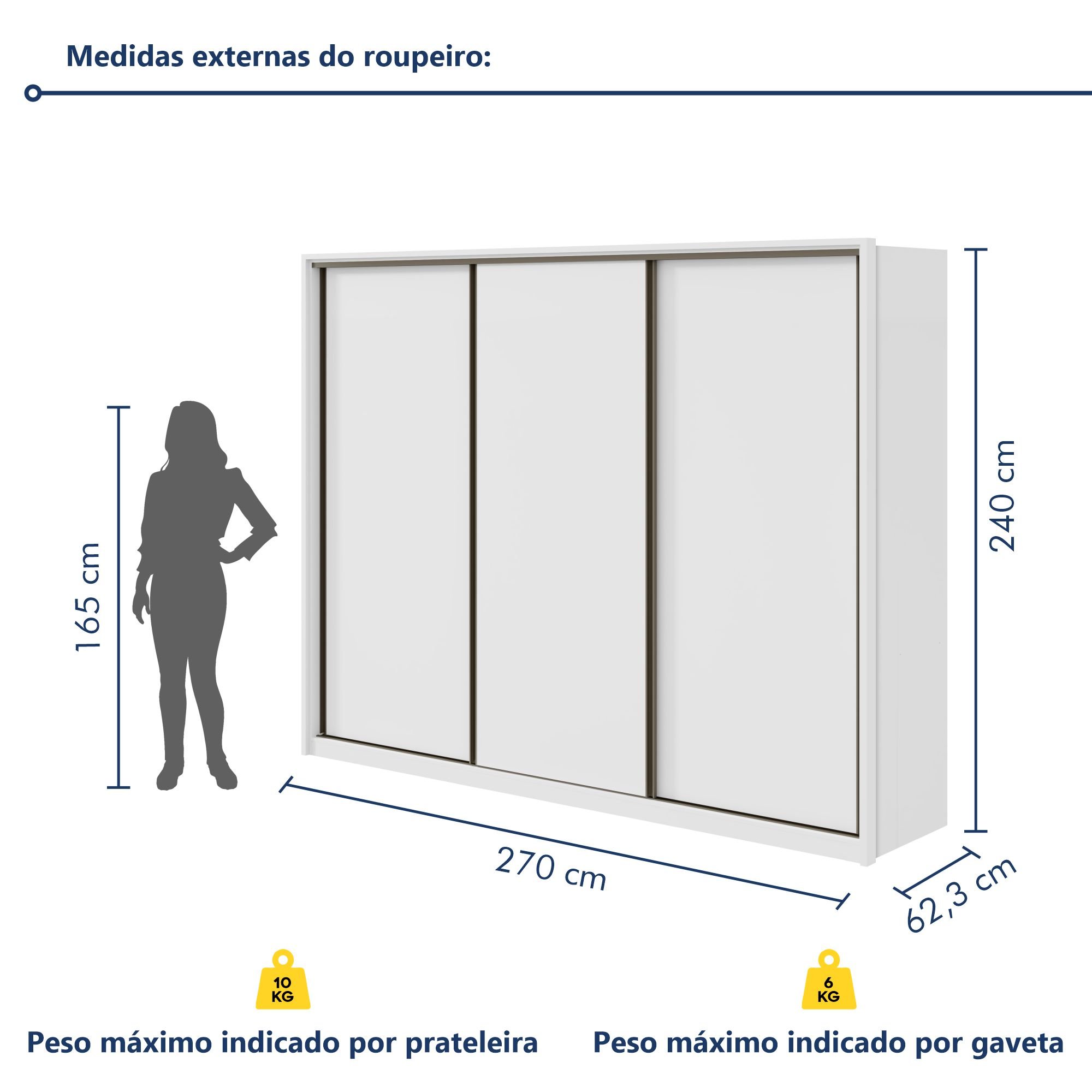 Guarda Roupa Casal 3 Portas de Correr 6 Gavetas 270,5cm Spazio   - 10