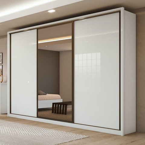 Guarda-Roupa Casal 3 Portas de Correr 6 Gavetas com Espelho MDF 270,5cm Spazio Branco