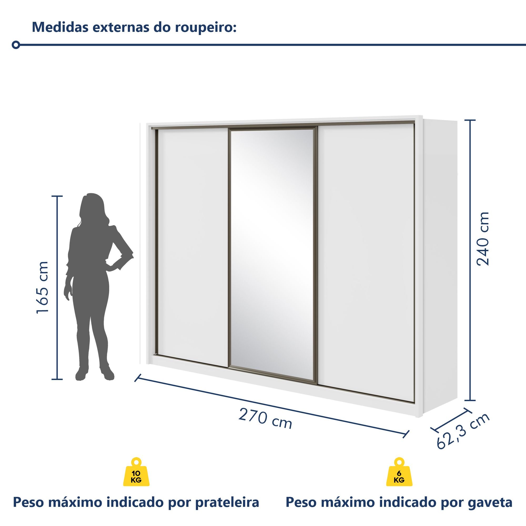 Guarda Roupa Casal com Espelho 3 Portas de Correr 6 Gavetas 270,5cm Spazio Glass Espresso Móveis  - 10