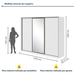 Guarda Roupa Casal Espelho 3 Portas de Correr 6 Gavetas 270,5cm 100% MDF Spazio Glass Yescasa - 12