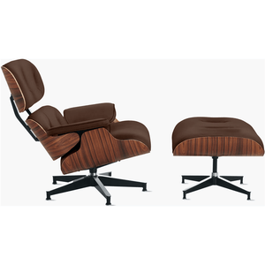 Poltrona Charles Eames com Banqueta Madeira Pau-ferro em Couro Legítimo Marrom
