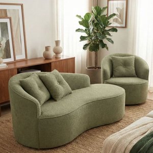 Kit de 01 Sofá Orgânico Curvo Feijão + 01 Poltrona Confortável Sala Estúdio Amore Bouclê Verde Oliva