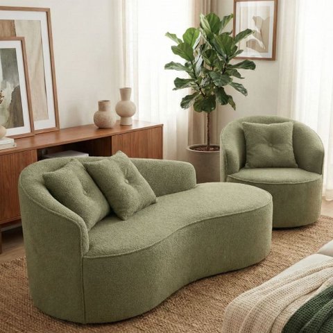 Kit de 01 Sofá Orgânico Curvo Feijão + 01 Poltrona Confortável Sala Estúdio Amore Bouclê Verde Oliva