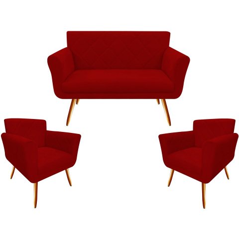 Kit Namoradeira + 2 Poltronas Decorativa Sabrina Suede Vermelho Pés Madeira Mz Decor