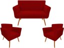 Ver imagem 1 de Kit Namoradeira + 2 Poltronas Decorativa Sabrina Suede Vermelho Pés Madeira Mz Decor