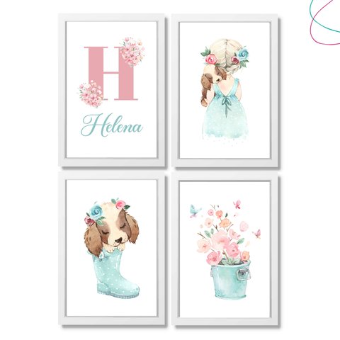 Quadrinho Decorativo Quarto Menina Aquarela Flor Cachorro:branca