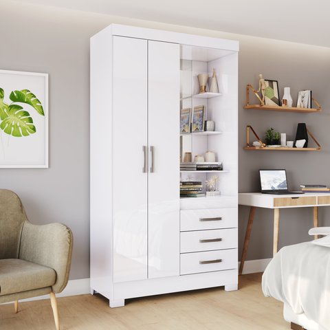 Guarda-Roupa 02 Portas e 03 Gavetas Pequin Branco/Rosa