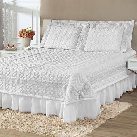 Kit Cobre Leito Colcha Romance King 5 Peças Micropercal 200 Fios Matelado Costurado Renda - Branco