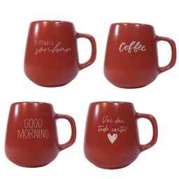 Jogo 4 Caneca Bojuda 260ml Porcelana Fosca para Cappuccino - Vermelha - 1