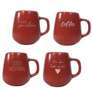Jogo 4 Caneca Bojuda 260ml Porcelana Fosca para Cappuccino - Vermelha