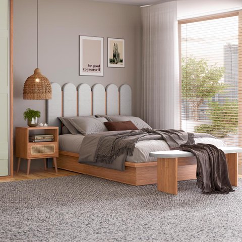 Conjunto Quarto 2 Mesas de Cabeceira com Cama Base Casal Mdf Freijó Dalla Costa