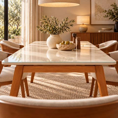 Mesa de Jantar Neo 160x80 Tampo MDF Base Madeira Maciça:Tampo Off White/Vidro
