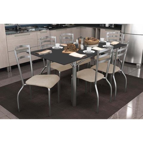 Conjunto: Mesa Sala Jantar Elba Tampo Madeirado C/ Vidro 160cm e 6 Cadeiras Portugal Cromada/preto