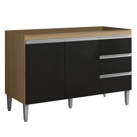 Balcão de Cozinha para Pia 100cm 3 Gavetas Andréia Amêndoa/preto - Ajl Móveis