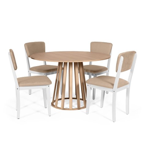 Mesa de Jantar Redonda Gabi Jade com 4 Cadeiras Estofadas Ella Branco/bege