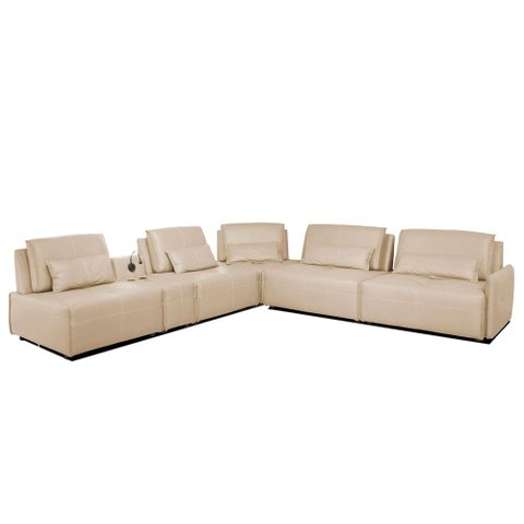 Sofá de Canto Yale 5 Lugares Console com Luminária Couro Pérola 530cm - 69964