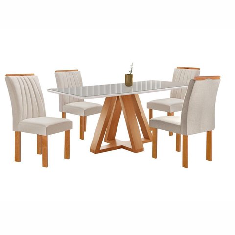 Conjunto Mesa de Jantar com 4 Cadeiras 100% MDF Kyra/Arizona Cinamomo Off White Veludo Bege
