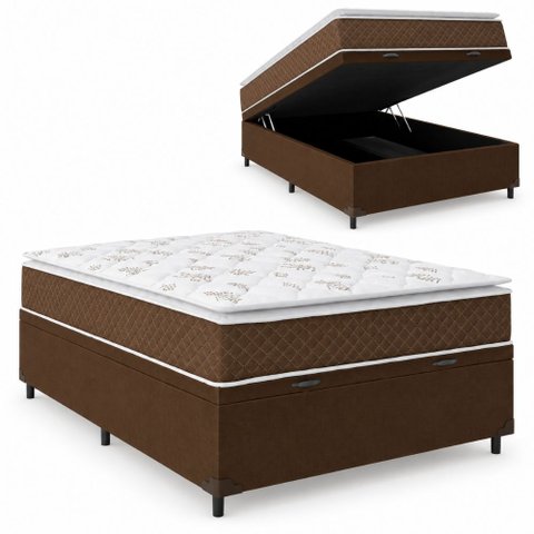 Cama Box Baú Casal Colchão Molas Ensacadas Pillow Top Martino 138x188x66cm Marrom/Branco Umaflex