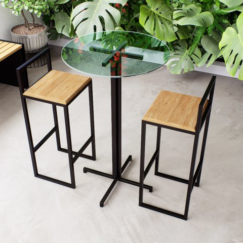 Conjunto Mesa Alta Bar Bistrô Redonda Vidro 2 Banquetas Pinus Industrial Black Don Castro Decor Indu