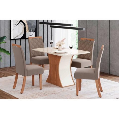 Mesa Cozinha Luiza 120 + 4 Cad Bella Nature/Amêndoa Henn