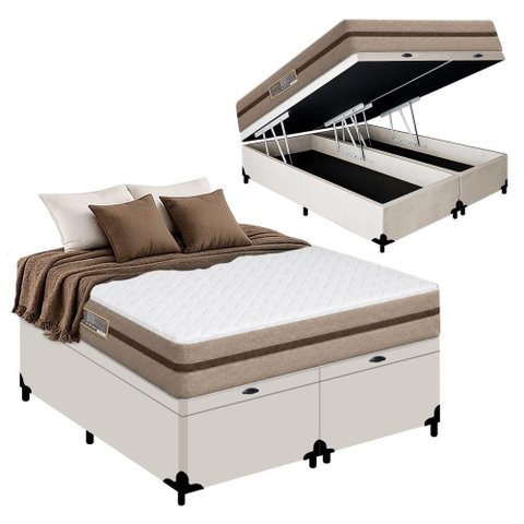 Cama Box Baú King Bipartido Sintético + Colchão Molas Ensacadas Royal Sleep Bioclassic 193cm Cor: