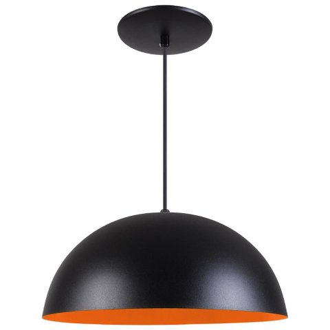 Pendente Meia Lua 34cm Luminária Alumínio Preto Textura C/ Laranja