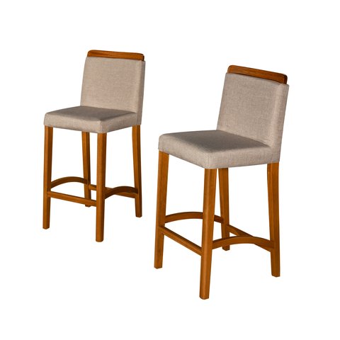 Kit 2 Banquetas Dubai Alta Bar Luxo Pés em Madeira Maciça Área Gourmet Balcão Sacada Hall Cor Bege