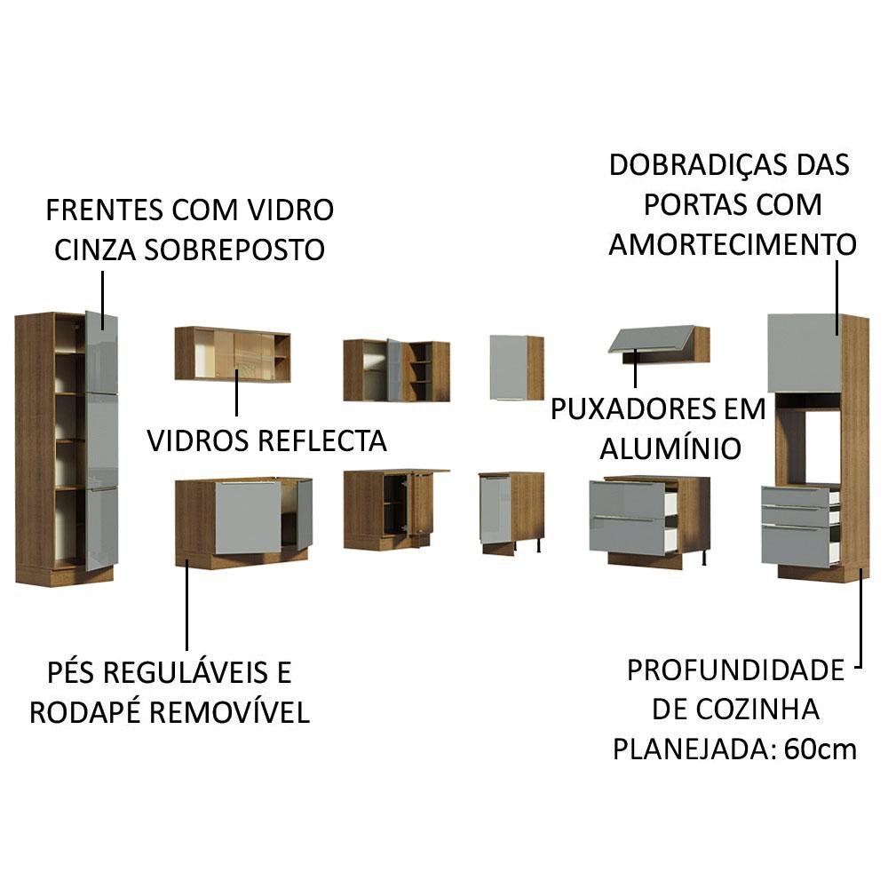Armário de Cozinha Completa de Canto 526cm Rustic/Cinza Lux Madesa