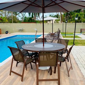 Jogo de Mesa Giratória com 6 Cadeiras Lótus e Guarda Sol Marrom