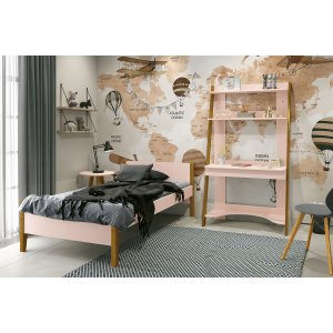 Conjunto Quarto Cama Solteiro e Escrivaninha/ Estante Simba com Pés em Madeira - Reller - Rosa Fosco