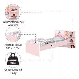 Kit Cama de Solteiro Rosa para Menina com Cabeceira Baú Luxo Personagem Princesas + Cama Auxiliar - 3