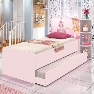 Kit Cama de Solteiro Rosa para Menina com Cabeceira Baú Luxo Personagem Princesas + Cama Auxiliar