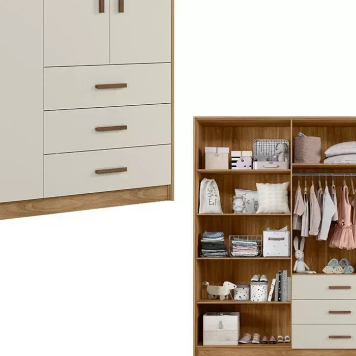 Ver imagem 3 de Roupeiro Guarda-roupa Infantil 4 Portas 3 Gavetas Pérola:nature/off White