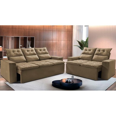 Conjunto de Sofá 3 e 2 Lugares Retrátil e Reclinável 2.00x1.50m Cama Inbox Smal Suede Castor