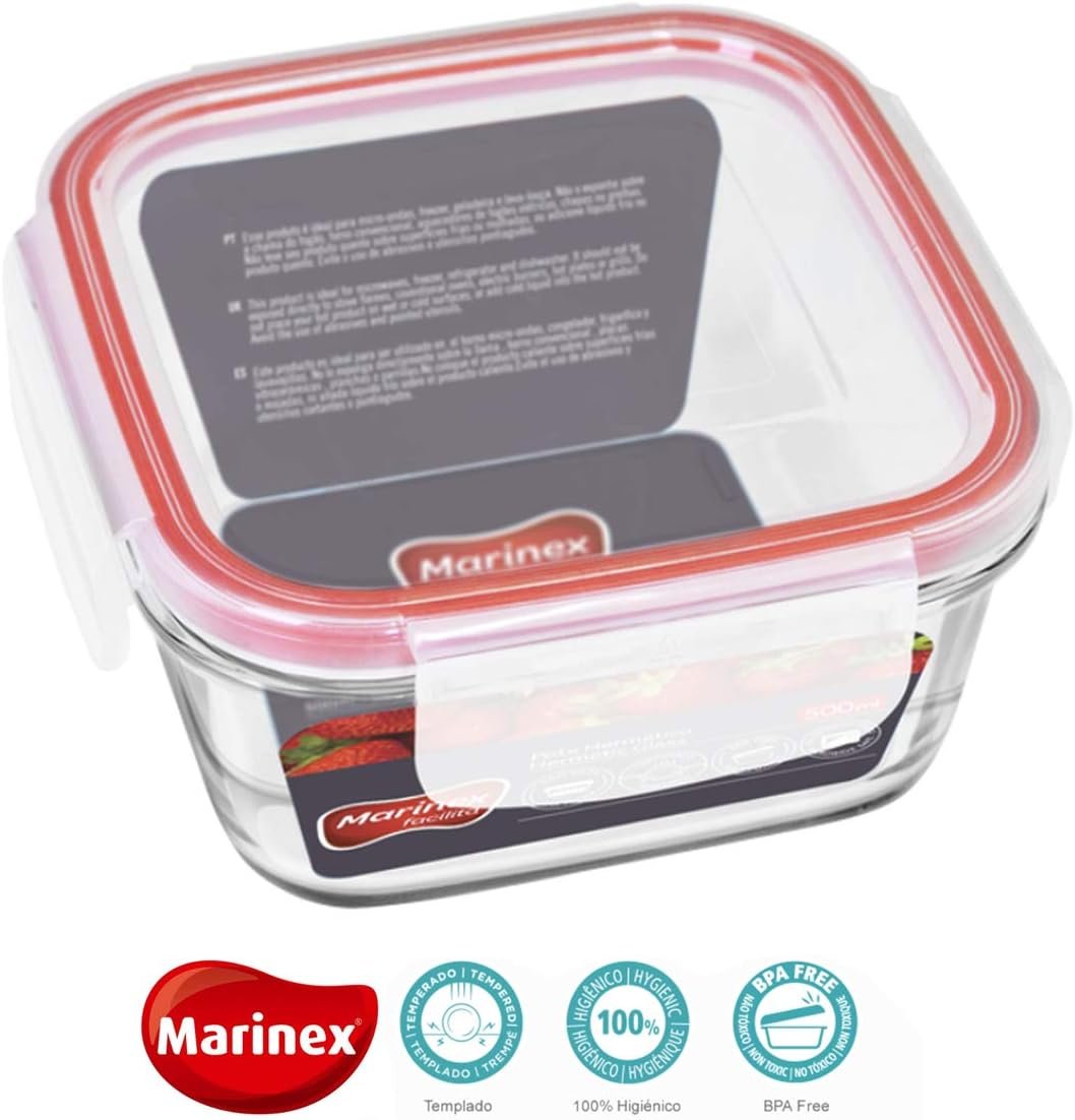 Kit 3 Potes Herméticos Quadrado Vidro 500ml Marinex Marmita Cor:transparente/vermelho - 3