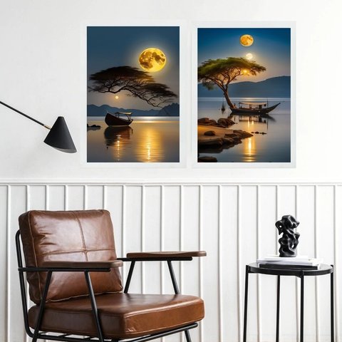 Kit 2 Quadros Paisagens por do Sol Rio com Barcos 24x18cm - com Vidro:moldura Preta