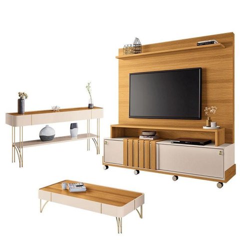 Estante Home Theater Bold e Aparador Vivant e Mesa de Centro Cadenza Cinamomo Off White - Hb Móveis