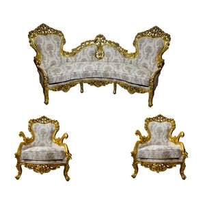Jogo de Sofá Clássico Bege com Dourado + Par de Poltrona Prime Home Decor